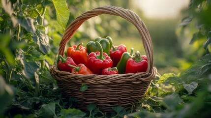 a wicker basket full of freshly picked red, yellow and green bell peppers