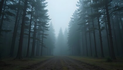 Fototapeta premium Mysterious Foggy Forest Path A Serene and Eerie Landscape Photography