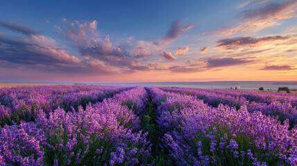 Fototapeta premium Breathtaking landscape view of a lavender field at sunset, with pastel skies and a serene floral horizon