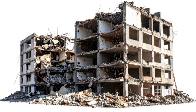 Transparent PNG available destroyed buildings after earthquake or world war, isolated on white background as transparent PNG