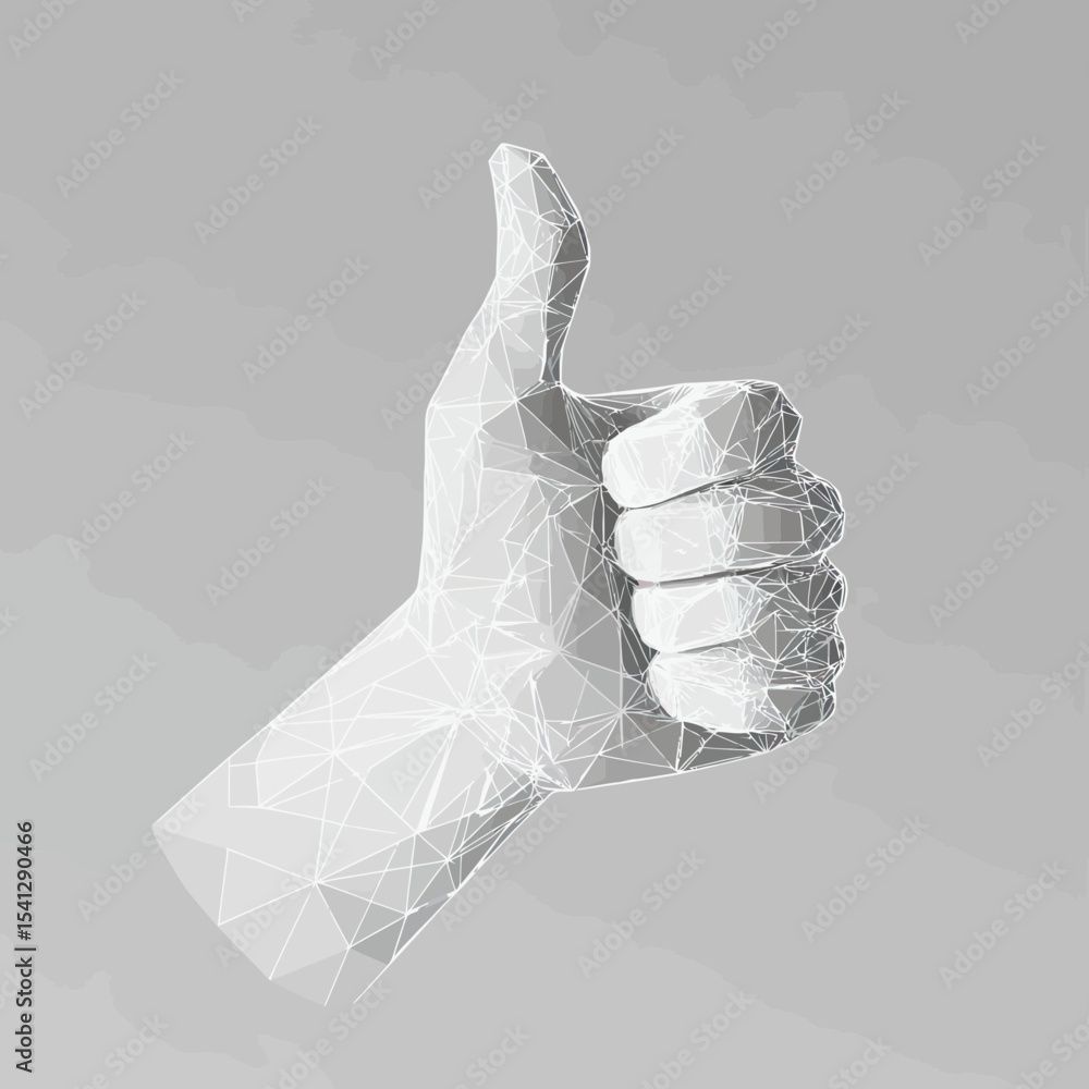 Aufkleber white polygonal low poly hand showing thumbs up gesture with geometric triangular wireframe on gray 