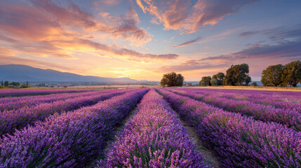 Breathtaking landscape view of a lavender field at sunset, with pastel skies and a serene floral horizon