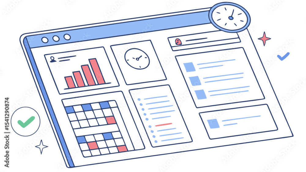 Poster interface showing a dashboard with a calendar, graph, clock, and checklist on a tilted screen view