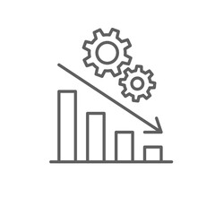 Low performance icon. Outline style thin line editable stroke symbol of bar chart with arrow down and gears. Concept of productivity drop, poor efficiency, or business failure. Vector illustration