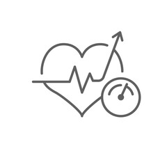 High blood pressure icon outline style. A heart with pulse line rising arrow and pressure gauge representing hypertension or cardiovascular risk. Thin line symbol vector illustration. Editable stroke