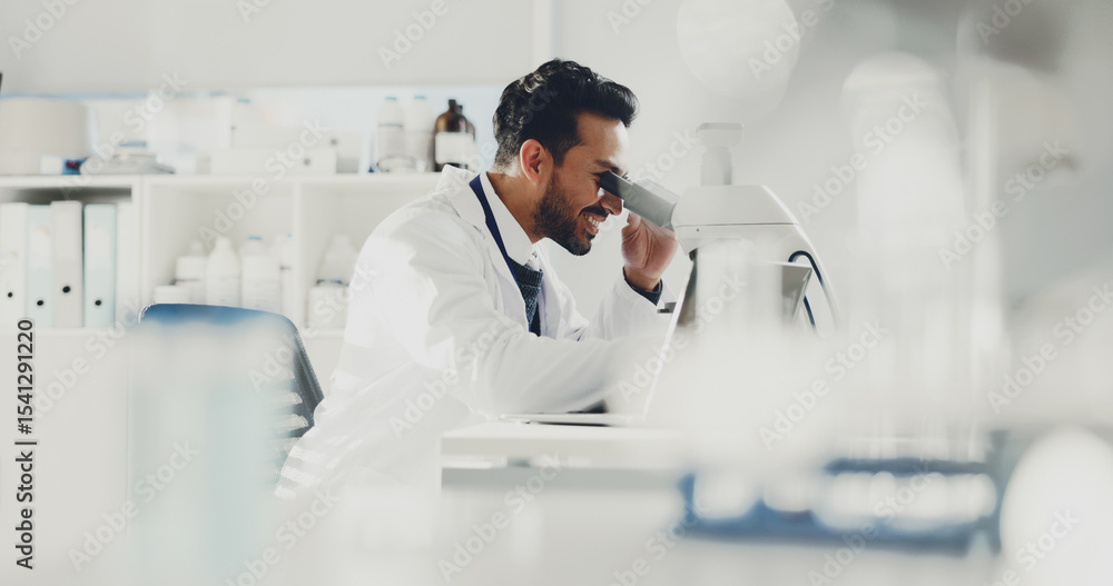Poster scientist, man and research with microscope in lab for medical innovation, dna solution and testing.