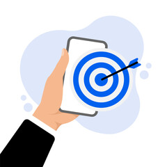 Hands holds smartphone with blue business target group. Success concept on white background. Vector illustration