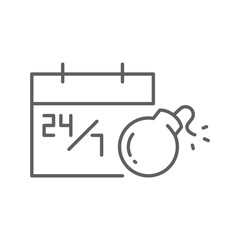 Continuous work pressure icon Outline symbol of burnout calendar and time bomb showing employee fatigue remote job overload editable line design