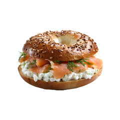 Bagel sandwich with cream cheese, smoked salmon, and dill isolated on transparent background, in PNG format, cut out