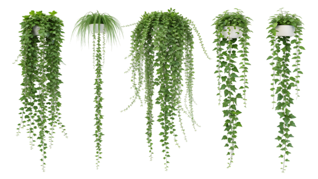 Assorted hanging plants isolated on transparent background