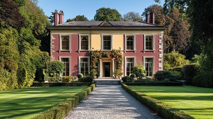 Contemporary estate with ivory window frames, mustard terrace, garnet walls, taupe path, and blush lawn. 