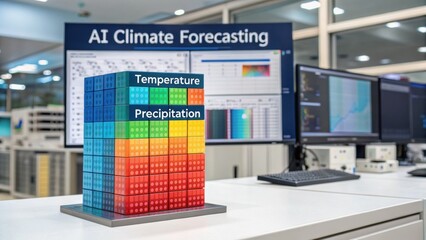 AI climate forecasting concept. AI climate forecasting display with a colorful data model on a modern workstation.