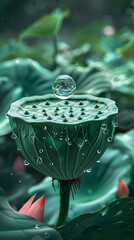 Water drop hovers above a lotus seed pod surrounded by lush green leaves and a soft pink flower bud creating a serene and natural scene