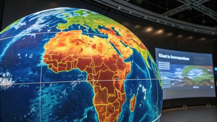 AI climate forecasting concept. A detailed globe display showcasing Earth's geography and environmental data.