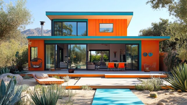 Contemporary house with teal window frames, orange walls, terrace, beige flooring, and turquoise path. 