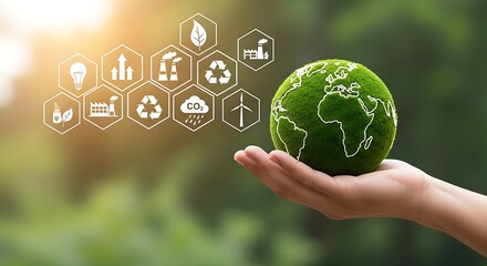 Green globe held in hand with eco-friendly icons representing sustainability and nature.
