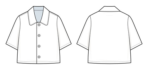 Minimalist Short-Sleeve Shirt Technical Fashion Illustration. Clean Button-Up Shirt Vector Template. No Pockets. Wide Collar. Relaxed Silhouette. Cropped Length. Front and Back View. Shirt CAD Mockup.