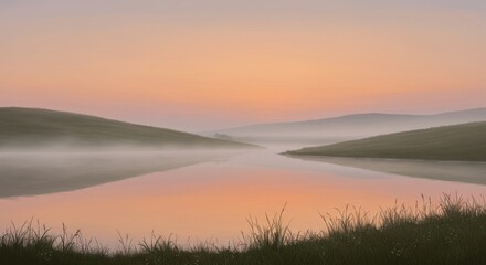 Fototapeta premium Serene Sunrise over Misty Lake and Rolling Hills