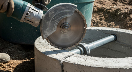Cutting Concrete with Angle Grinder for Pipe Installation