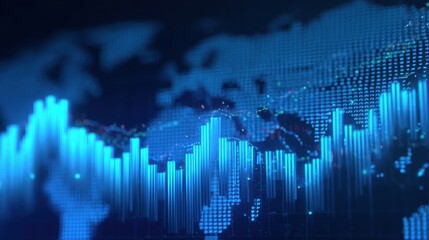 Global Data Visualization with Blue Bar Graphs Overlaying a World Map