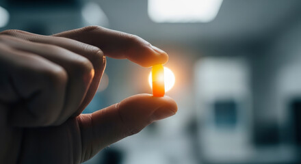 Hand Holding Orange Capsule Pill Between Fingers Against Blurred Bright Background
