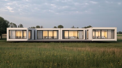 Obraz premium Modern minimalist house in green field under cloudy sky