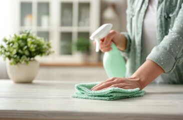 Cleaning a Kitchen Counter with Spray and a Green Cloth, Close-Up View