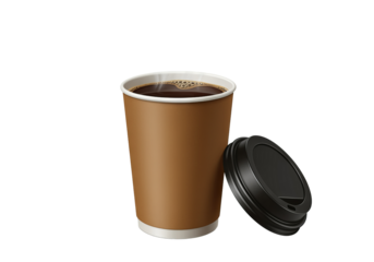 A single brown takeaway coffee cup with a black lid isolated against a PNG background, coffee, takeaway, to go, cup, beverage, drink, caffeine, brown, paper, black, lid, isolated, mockup, espresso, ca
