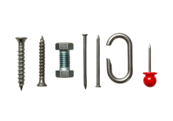 An assortment of fasteners including screws bolts nails and hook against a PNG background, fasteners, screws, bolt, nut, nail, hook, pin, construction, hardware, tools, metal, steel, workshop, repair,