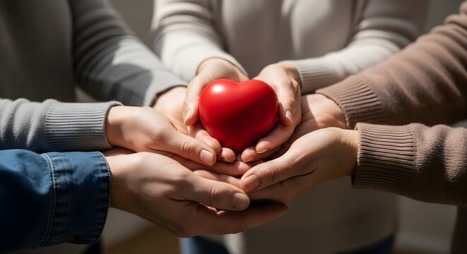 Community Support Hands Holding a Red Heart Symbol of Care and Unity