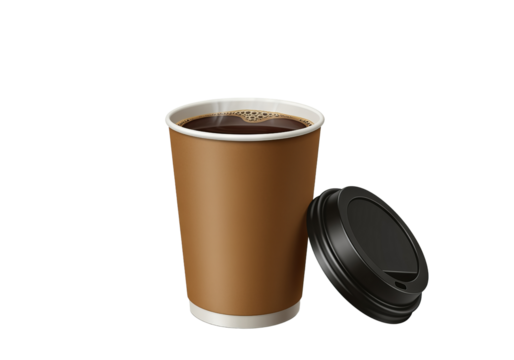 A single brown takeaway coffee cup with a black lid isolated against a PNG background, coffee, takeaway, to go, cup, beverage, drink, caffeine, brown, paper, black, lid, isolated, mockup, espresso, ca