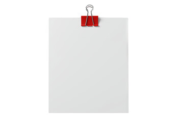 Blank white paper sheet held in place by a red metal binder clip against PNG background, paper, white, blank, sheet, red, clip, binder, metal, stationery, document, notepad, office, business, presenta