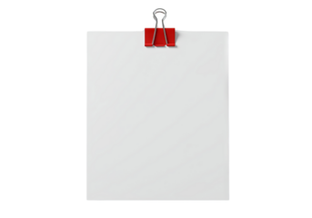 Blank white paper sheet held in place by a red metal binder clip against PNG background, paper, white, blank, sheet, red, clip, binder, metal, stationery, document, notepad, office, business, presenta