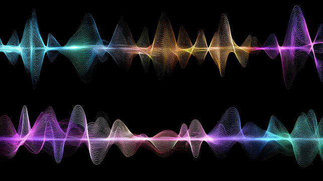 Collection of neon-style audio equalizer waves in radial forms and multiple colors, created as vector art