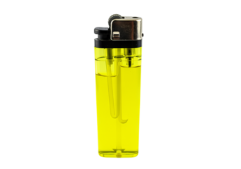 Close up shot of a yellow transparent disposable lighter against a PNG background, lighter, disposable, yellow, transparent, fuel, fluid, gas, cigarette, smoking, fire, flame, ignition, object, isolat