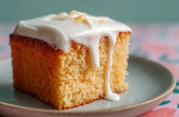 Close-up of a Drizzled Lemon Cake Slice on a Plate