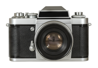 Classic vintage camera detailed front view against PNG background close up shot, camera, vintage, classic, film, photography, retro, old, antique, lens, black, silver, detail, equipment, manual, shutt