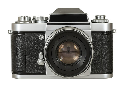 Classic vintage camera detailed front view against PNG background close up shot, camera, vintage, classic, film, photography, retro, old, antique, lens, black, silver, detail, equipment, manual, shutt