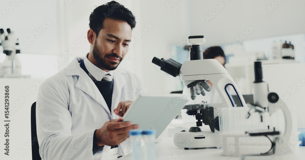 Poster science, research and man with tablet, internet and innovation with chemistry experiment. medical, s
