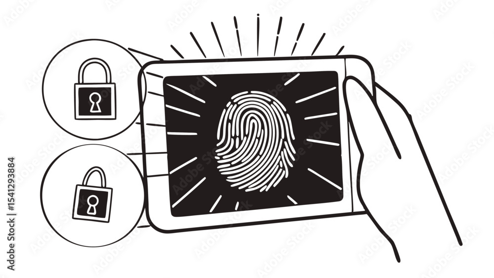 Poster hand holding a smartphone displaying a fingerprint scan and two lock icons for security features