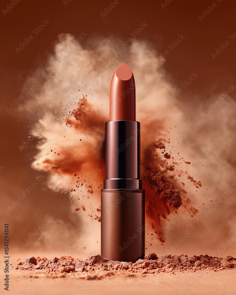 Poster a lipstick is in the air with a cloud of dust surrounding it. concept of chaos and destruction, as i
