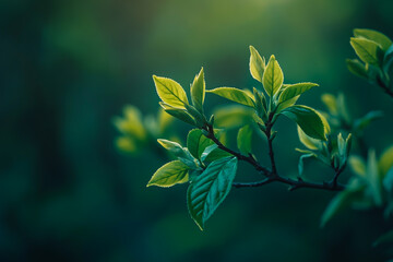 Close-up photo of fresh green tea leaves in early spring, featuring soft focus and a beautifully blurred natural background, highlighting the delicate texture and vibrant colors.