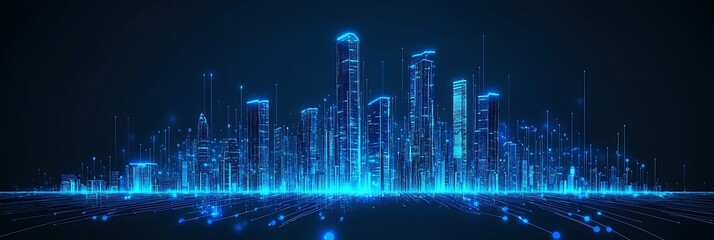 Futuristic Cityscape Digital Art Neon Blue Skyline Urban Technology