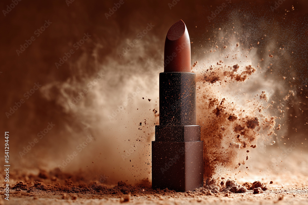 Poster a lipstick is in the air with a cloud of dust surrounding it. concept of chaos and destruction, as i