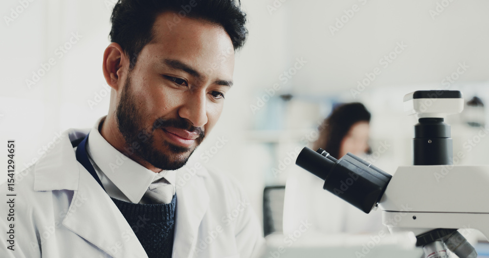 Poster Man, scientist and laptop with microscope in lab for research, medical study and testing sample. Male person, tech and machine for experiment, dna production and review report of vaccine breakthrough