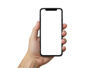 Hand holding a blank smartphone screen against a PNG background for mockup purposes, smartphone, mobile phone, hand, holding, blank screen, mockup, display, black background, technology, communication