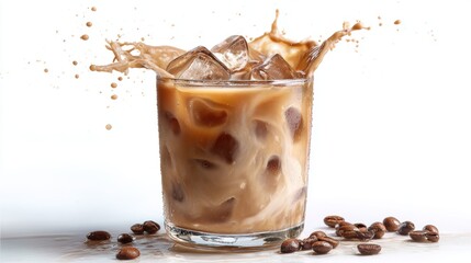 Iced Coffee Splash in Glass with Ice Cubes and Coffee Beans
