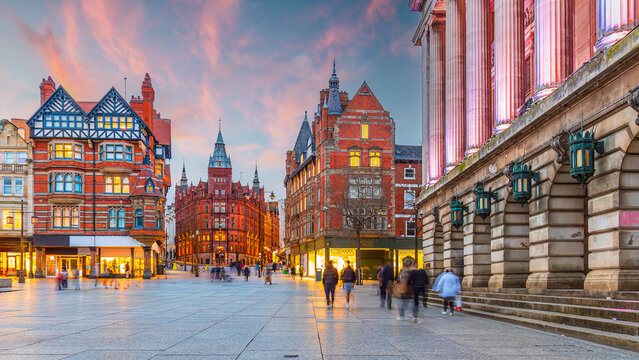 Downtown Nottingham city skyline at Old Market Square, cityscape of England