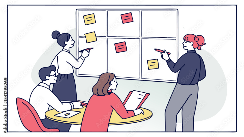 Aufkleber illustration of team collaborating on a whiteboard with sticky notes in an office environment settin