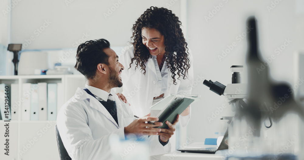 Aufkleber happy, scientist and team with tablet for forensic science, research or medical discovery at lab. ex